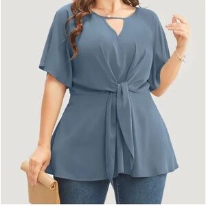 BloomChic Plus Size Plain Keyhole Knotted Front Ruffle Sleeve Blouse